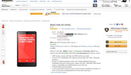Xiaomi Redmi Note 4G Price in India