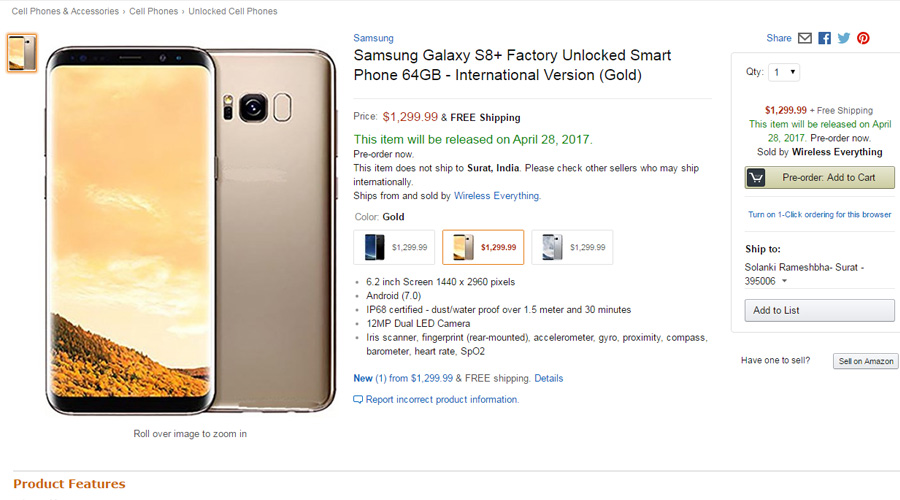 Unlocked Samsung Galaxy S8 Plus Price in USA