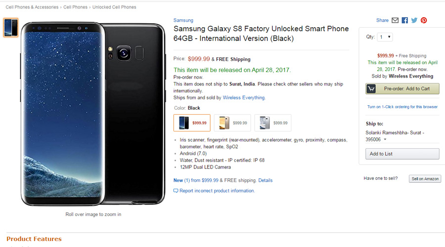 Unlocked Samsung Galaxy S8 Price in USA