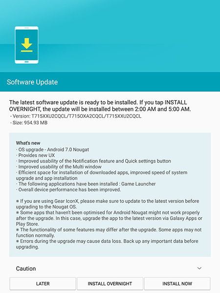 Galaxy Tab S2 Nougat update