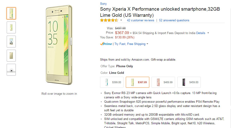 unlocked Sony Xperia X Performance price in usa