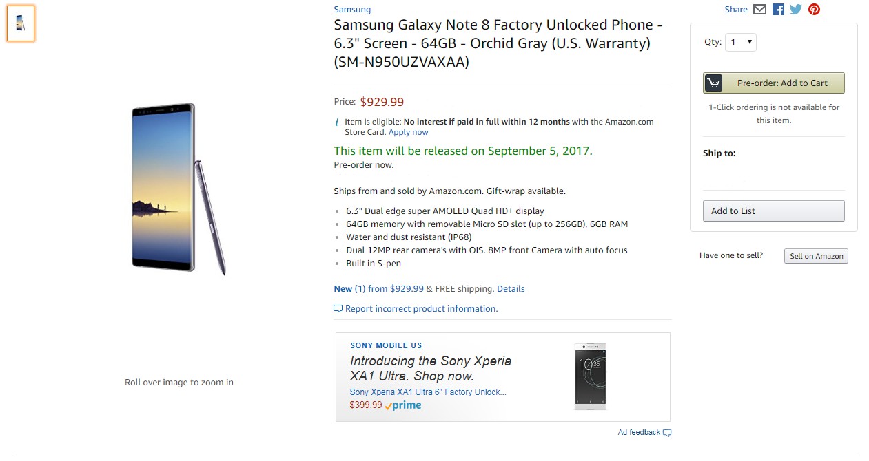 Unlocked Galaxy Note 8 Price Amazon