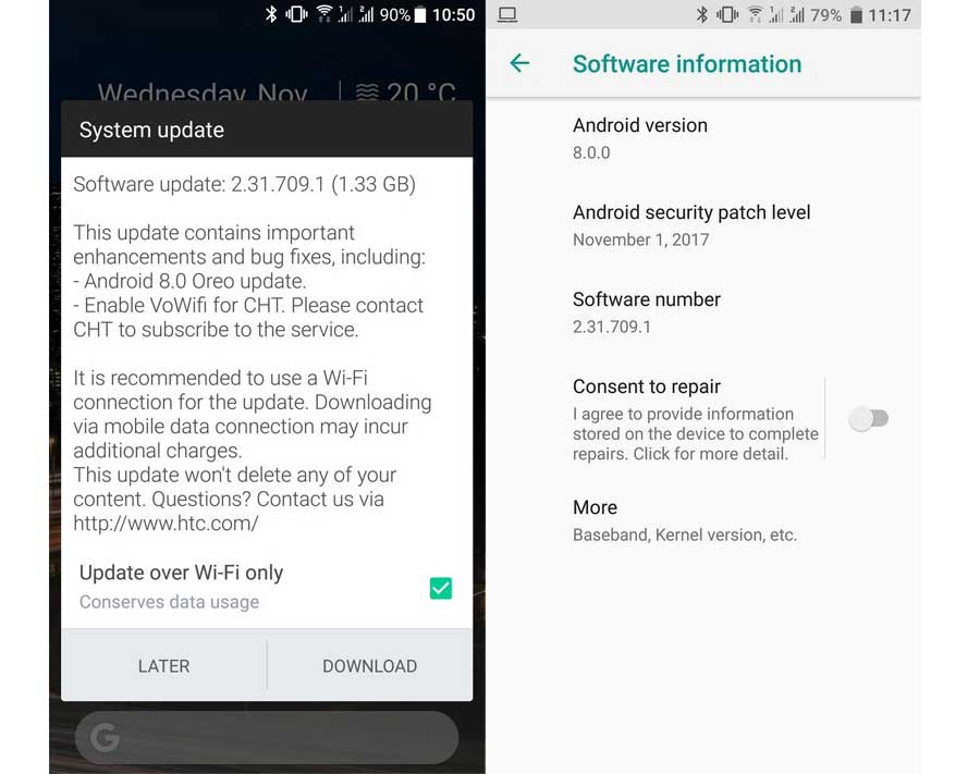 htc u11 android oreo update