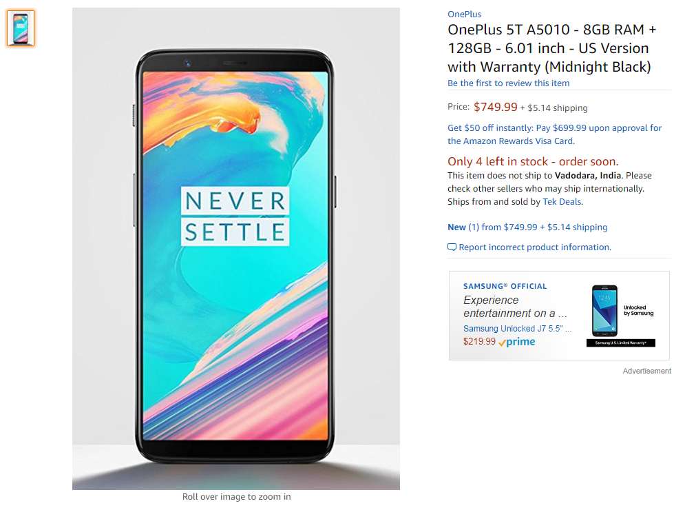OnePlus 5T Price in USA