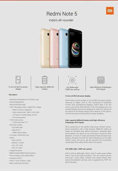 Xiaomi Redmi Note 5 Specifications