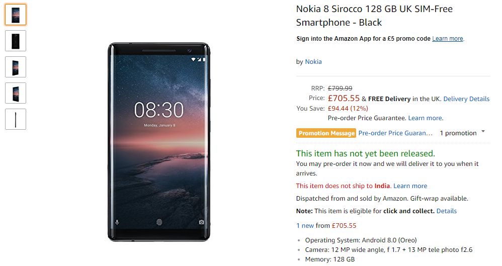 Nokia 8 Sirocco price in uk