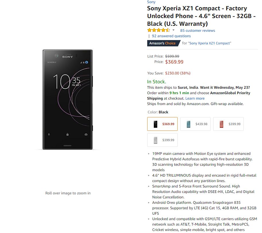 Sony Xperia XZ1 Compact Price in USA