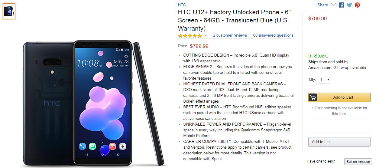 HTC U12+ price in USA