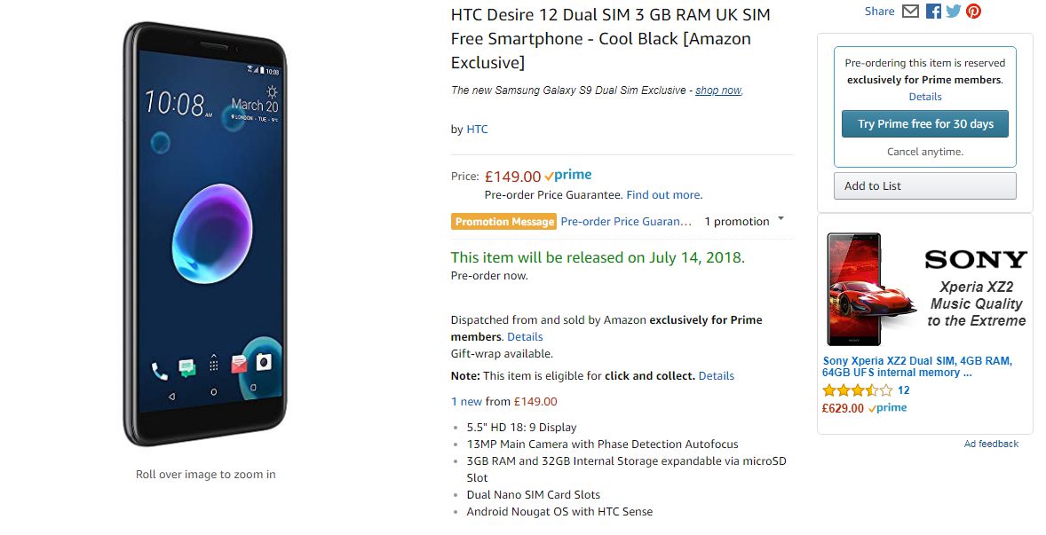 HTC Desire 12 price in uk