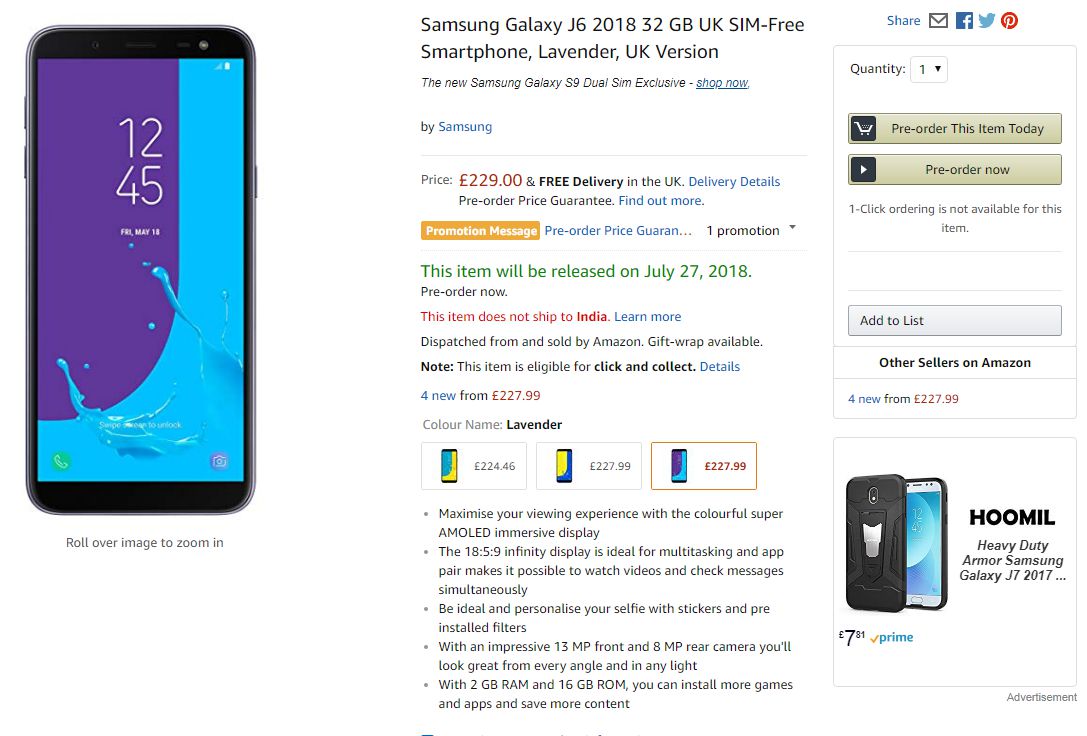 Samsung Galaxy J6 2018 price in uk