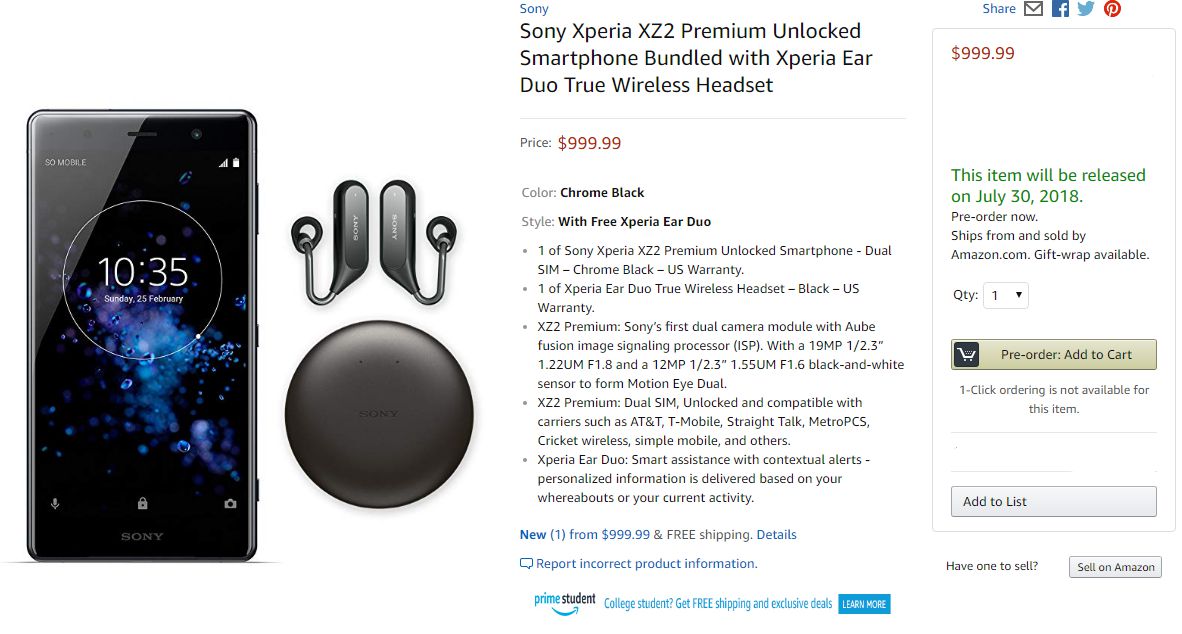 Sony Xperia XZ2 Premium Price in USA