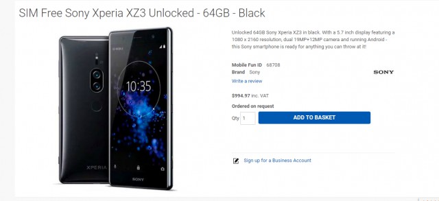 Sony Xperia XZ3 Price
