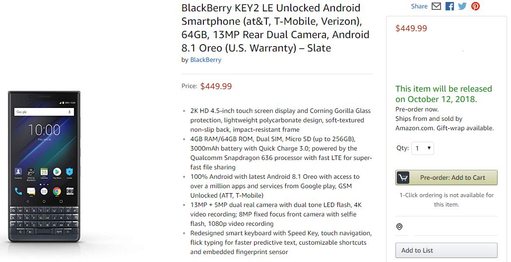 BlackBerry KEY2 LE Pre-Orders