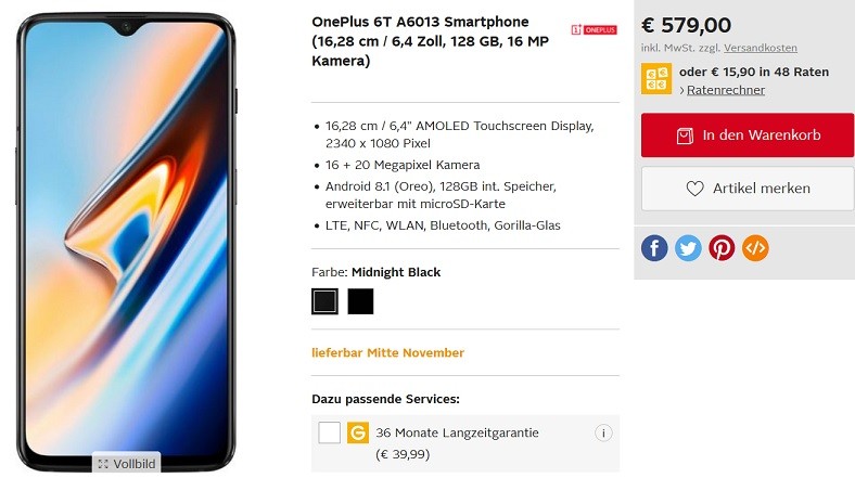 OnePlus 6T price