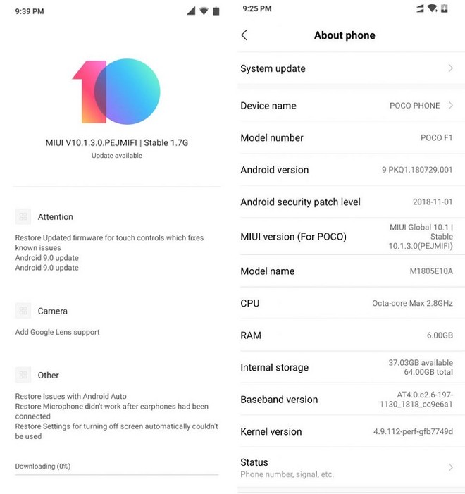 Pocophone F1 Android 9 Pie