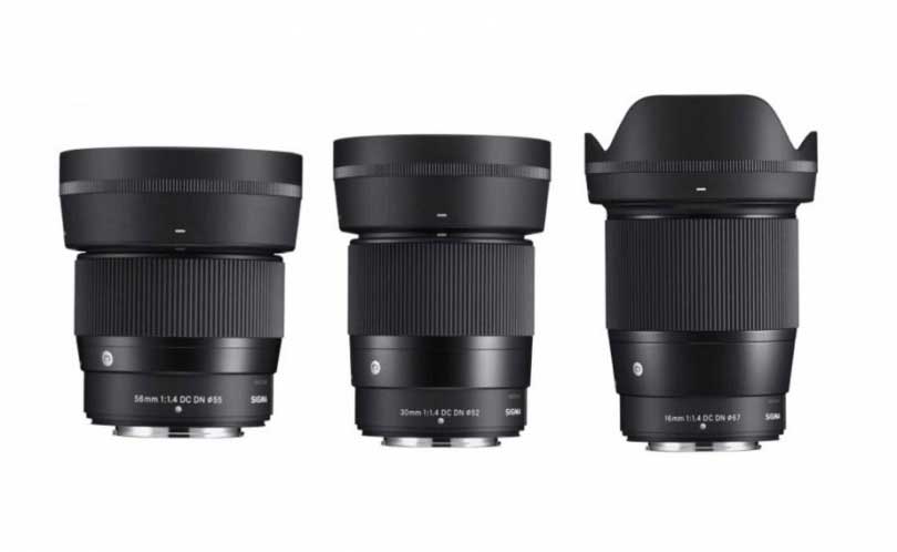 Sigma 16mm F1.4 DC DN Contemporary, 30mm F1.4 DC DN Contemporary, and 56mm F1.4 DC DN Contemporary lenses.