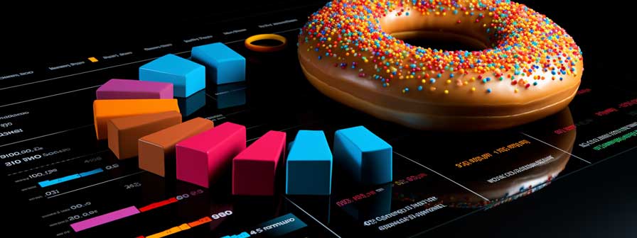 A 3D version of a donut chart next to a donut on a black screen.